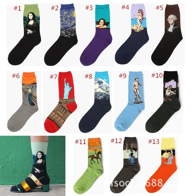 

Autumn and winter Western abstract oil painting Mona Lisa literary couple socks