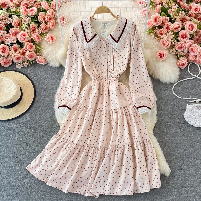 

Uulutonica Autumn Women Elegant Fashion A-line Full Button Mid-calf Puff Sleeve Empire Peter Pan Collar Dress