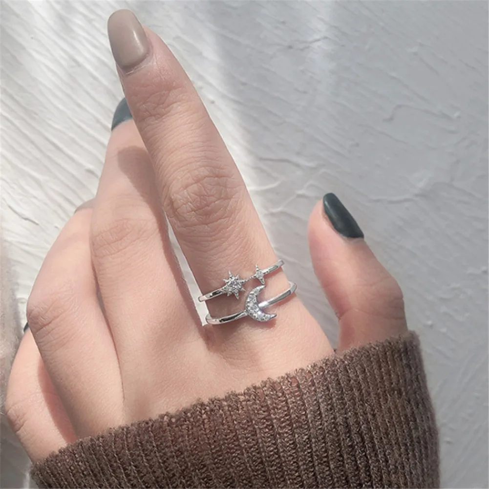 

Simple Fashion Creativity Sweet Double Layer Star Moon Opening Ring for Women Finger Ring Wedding Jewelry Wholesale