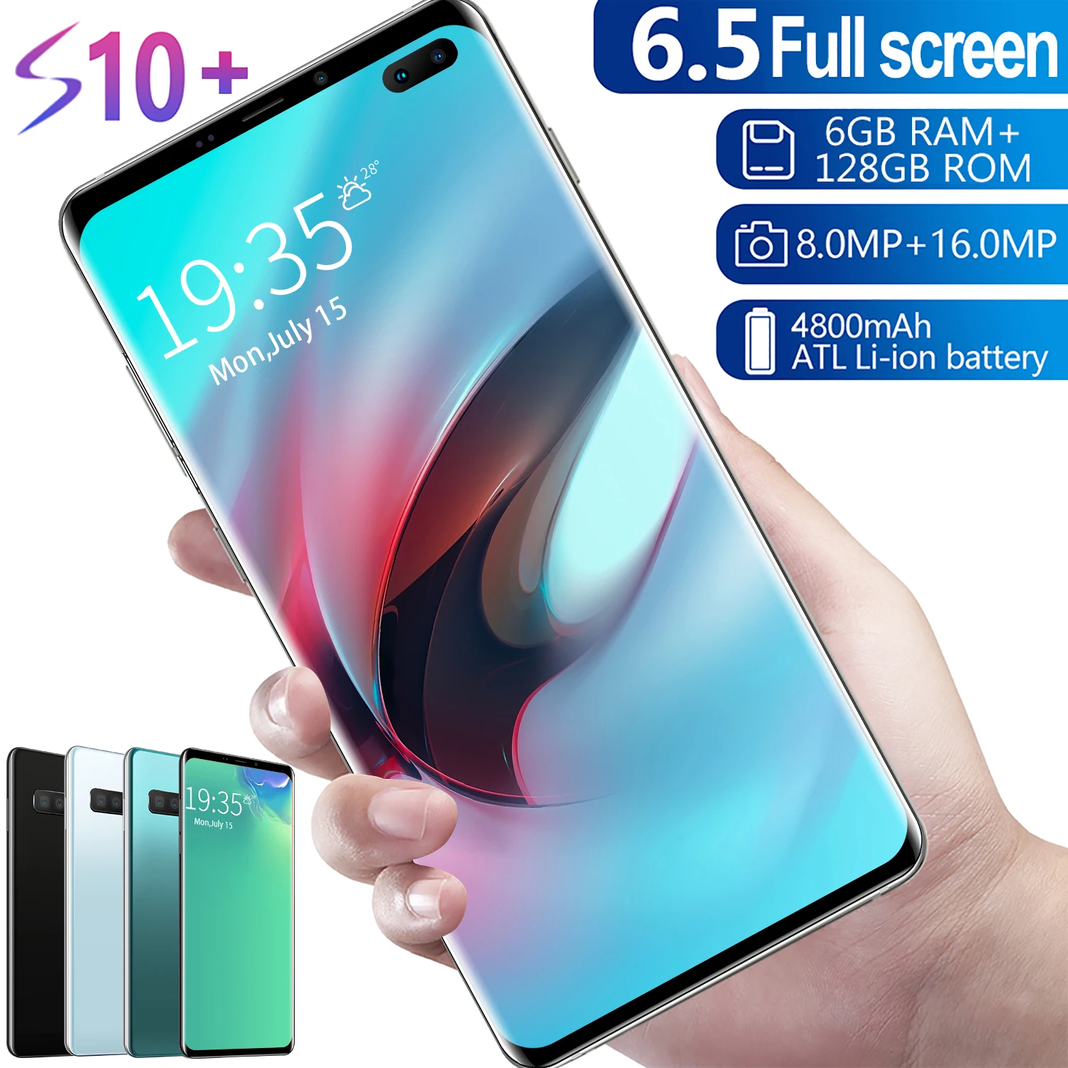 

Global Version S10+ Smart Phone 4800mAh 6.5inch HD 6 128GB Support Face Fingerprint ID Unlock Dual SIM 5G LTE Android 9.1 Phones