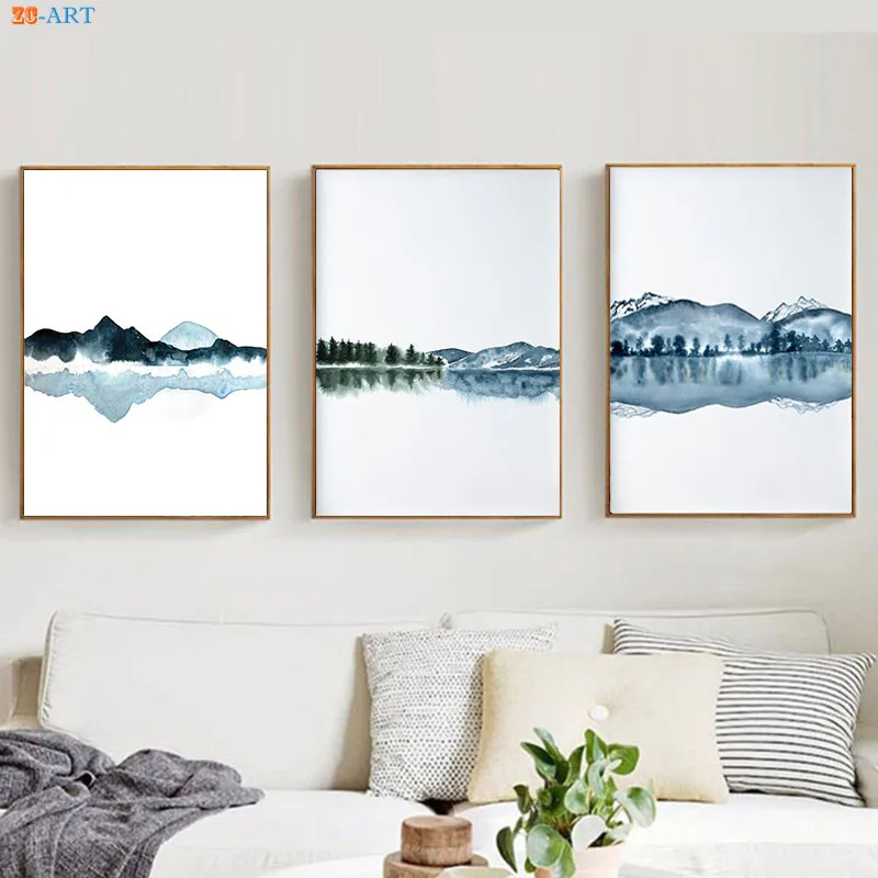 Акварельный Абстрактный пейзаж холст живопись плакаты и принты темно синяя