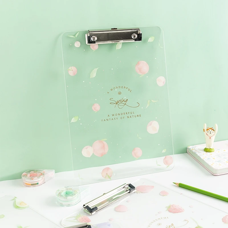 

Strawberry Series Writing Board Clip Kids Stationery A4 Paper Acrylic Pad Splint Transparent Feather Clipboard School Supplies