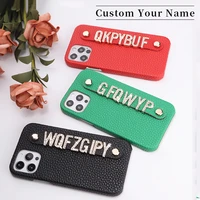 personalise name pebble leather cowhide phone case for iphone 12 11 13pro mini max xr xs 7 8p diamond metal letter cover coque