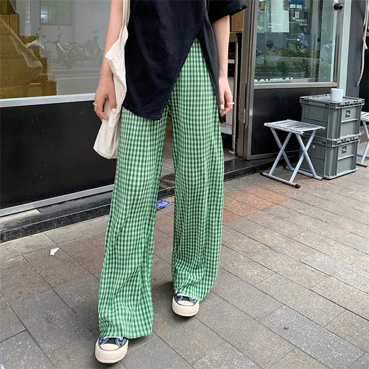 

Real Shot 2021 New Women's Green Plaid Slit High Waist Draped Wide Leg Pants Thin Loose Straight Pleated Casual Mopping Pants
