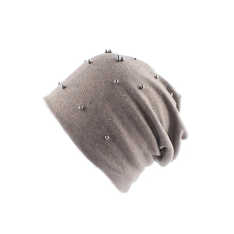 Модная однотонная женская шапка Skullies Beanies с жемчугом и стразами, зимняя женская шапка, осенняя вязаная шапка из мягкого хлопка - Цвет: Хаки