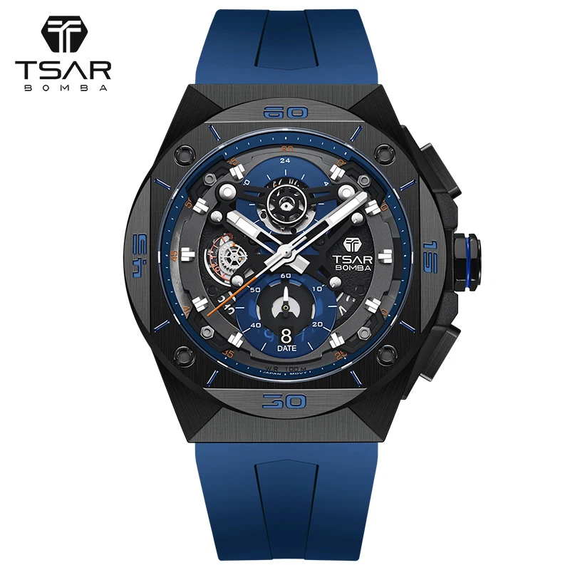 Mens Watch TSAR BOMBA 100M Waterproof MIYOTA JS20 Movement Chronograph Sapphire Crystal Advance Business Luxury Wristwatch