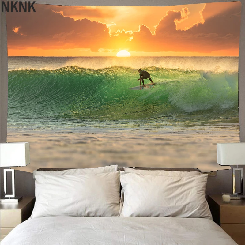 

Sunset waves beach scenery tapestry big art print tapestry psychedelic wall-mounted beach towel polyester fiber thin yoga