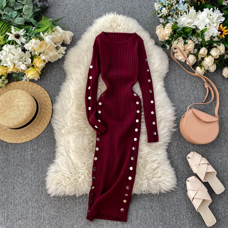 

Spring Autumn Casual Chic Knitted Cotton Long Dress Slim Waist Elastic Double Breasted Buttons Knitted Dress