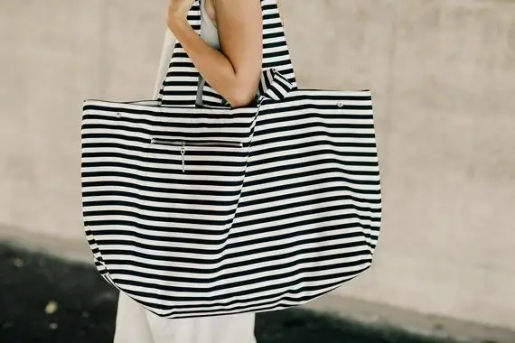 Большая холщовая модная прочная женская сумка через плечо в черно-белую полоску, сумка-тоут для шоппинга, льняная Хлопковая сумка для покуп... от AliExpress WW