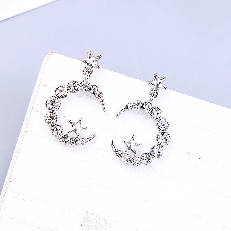 Женские серьги подвески в стиле бохо с кристаллами и луной блестящие