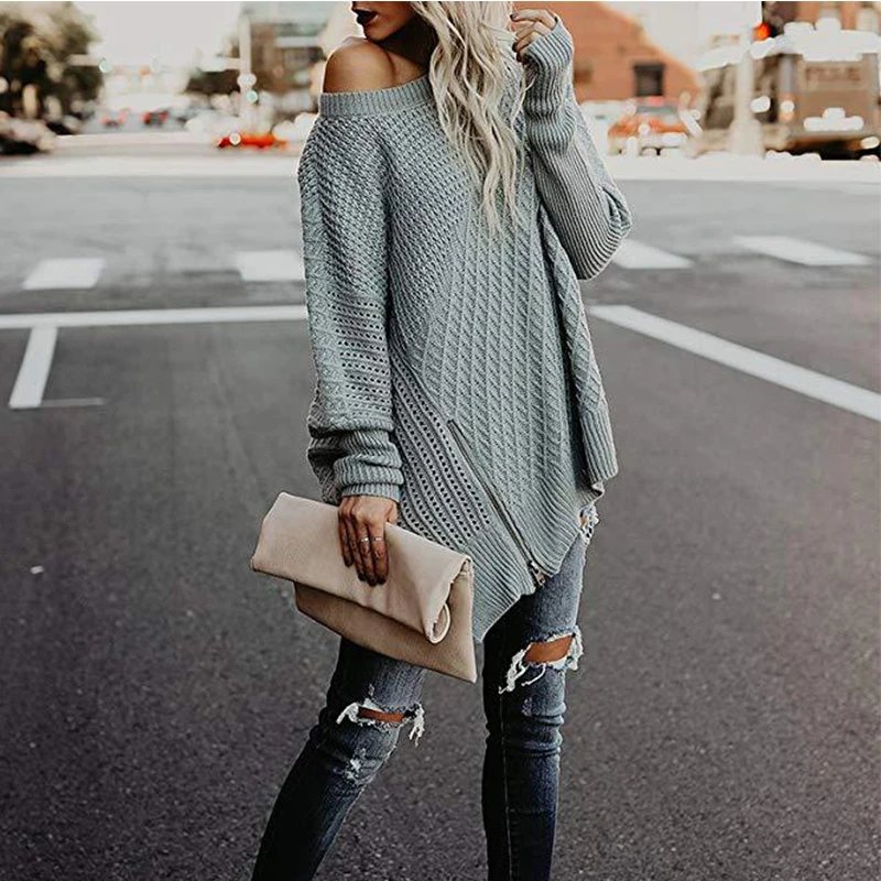 Sexy Woman Sweater Autumn and Winter Side Split Zipper Oversized Ribbed Fluffy Knitted Off Shoulder Warm Women | Женская одежда