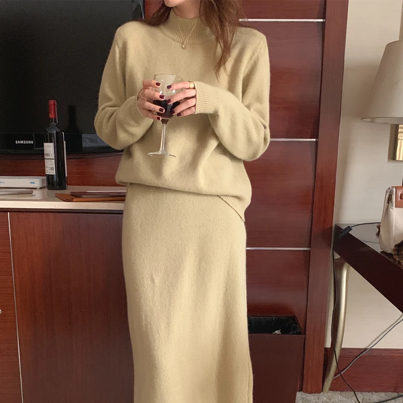 2021 осенний Элегантный женский плотный теплый свободный трикотажный комплект из 2