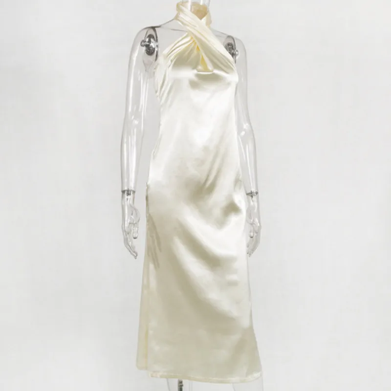 

Hirigin Women Summer Halter Sleeveless Long Dress Female Split Slim Waist Maxi Dress Ladies Solid A-line Party Dress Vestidos