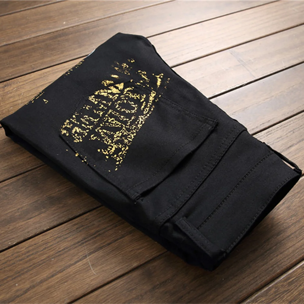 New European-Style Digital Print Men Jeans Slim Fashionable Trousers Stretch Pants Small Feet Casual High Quality Denim Pants