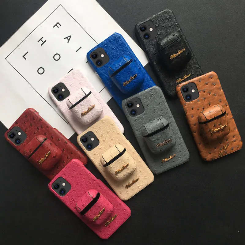 Роскошный чехол из искусственной кожи страуса для iPhone 11 Pro Max XS 7 8 6 6S Plus X XR Жесткий Чехол для Airpods зарядный чехол для наушников s