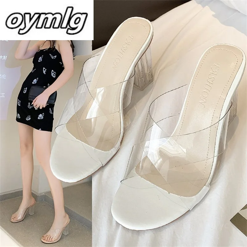 

Transparent high-heeled sandals for women summer 2021 new style outer wear fairy style transparent thick-heeled sandals slippers