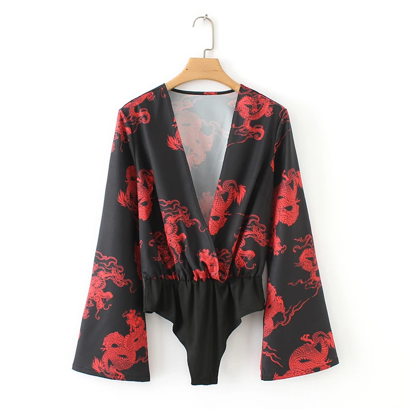 Женское сексуальное кимоно с перекрестным v образным вырезом и принтом дракона
