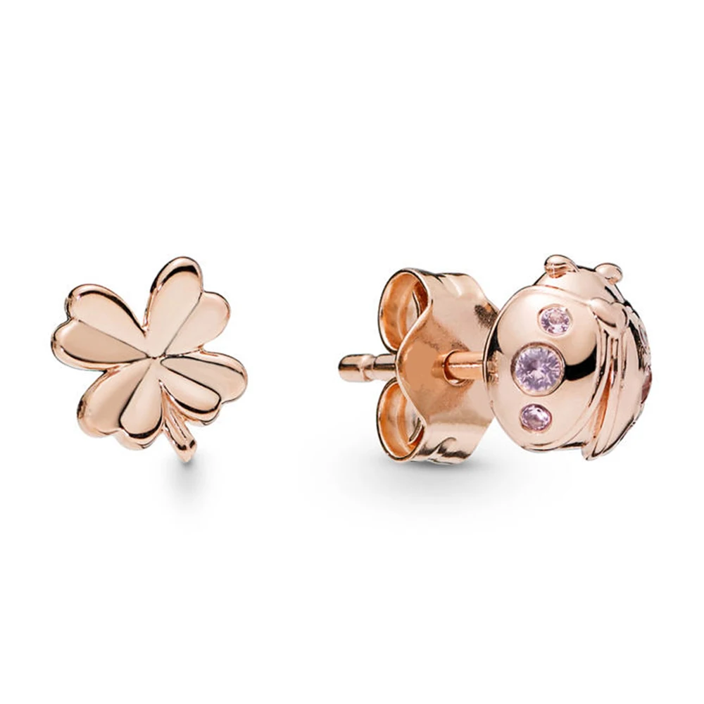 Аутентичные 925 пробы Серебряные Оригинальные четырехлистные серьги гвоздики в