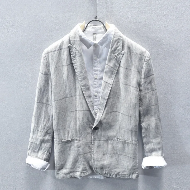 Мужской деловой Повседневный пиджак в полоску льняной жакет японском стиле с