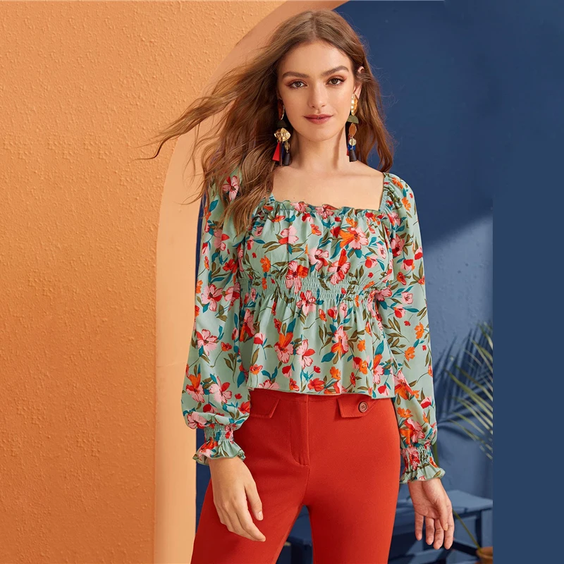 Dotfashion Бохо с квадратным вырезом Цветочный принт блузка Для женщин Осенняя эластическая Фонари рукава блузки Повседневное с низким вырезом на спине, Топ