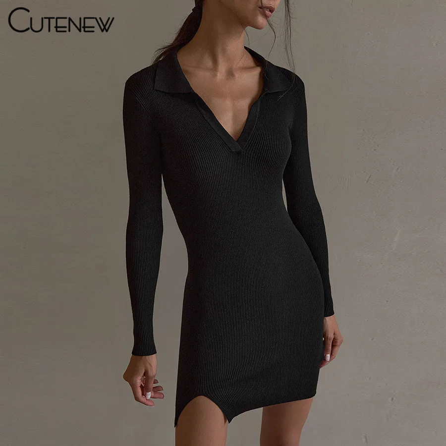 

Cutenew Solid Knitted Sexy V-Neck Long Sleeve Mini Dresses Women Vintage Simple Casual Skinny Side Slit Stretch Lady Streetwear