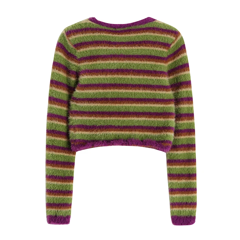 Укороченный мохеровый полосатый облегающий свитер сексуальный Кардиган с