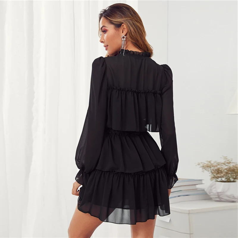 SHEIN черный оборка с завязками на шее с рюшами для девочек на вечеринки, цветок вечерние мини-платье Для женщин Осень Стенд воротник женские элегантные вечерние платья