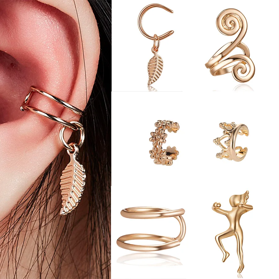 Розовое золото не проколо манжеты Обёрточная Бумага серьги в форме листьев кулон