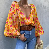 womens spring and autumn new tops trend retro butterfly print long sleeve v neck pullover fashion shirt ladies clothing wh37