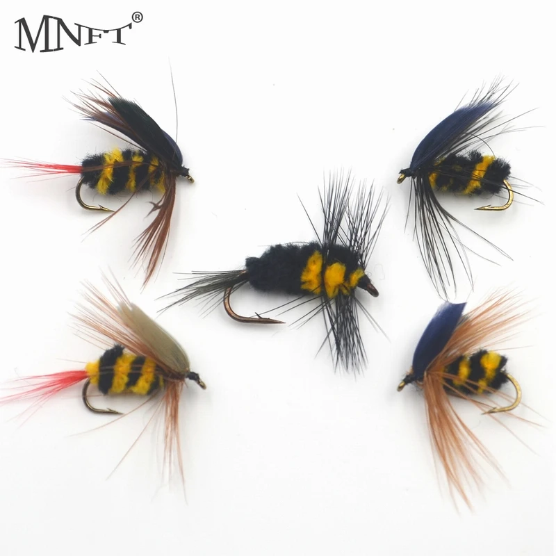 

MNFT 30Pcs/Pack 5 different kinds Bumblebee Dry Fly Fishing Flies Artificial Bait Trout Lures Hooks with Free Box Packing