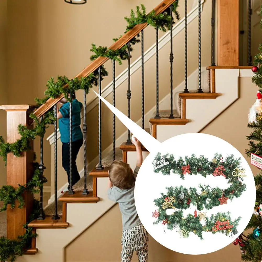 

2.7m Artificial Rattan Wreath with Lights Pine Cones Berries Christmas Fake Green Plants Garland Hanging Door Decor