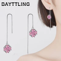 bayttling silver color luxury zircon flower long drop earrings for women fashion wedding jewelry couple gift