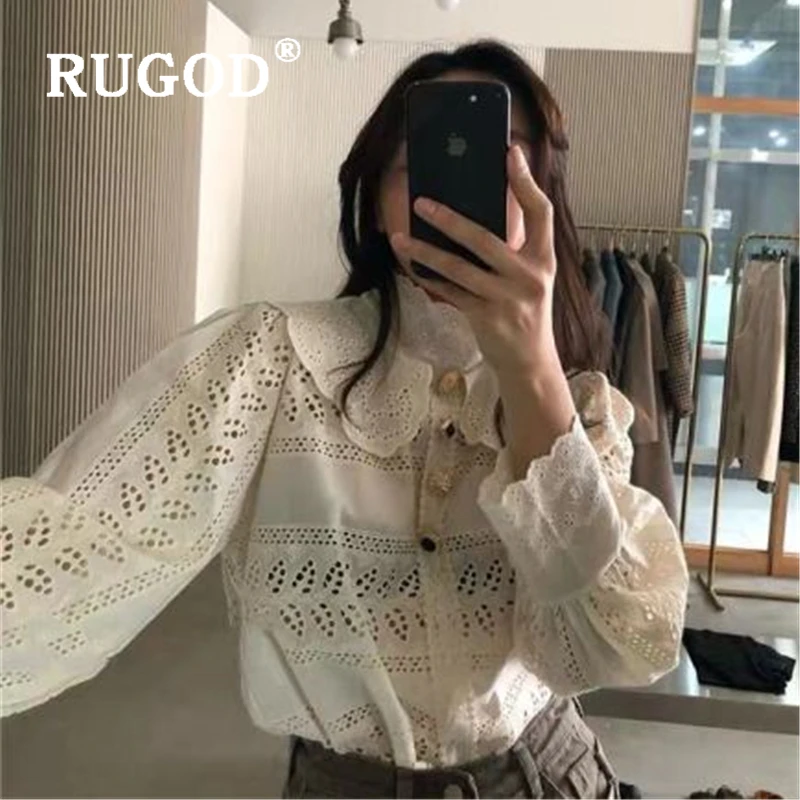 RUGOD Корейская шикарная белая женская блузка с вырезами модная кружевная офисная
