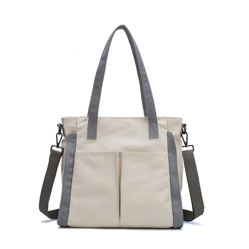 

2021 New Color Contrast Canvas Shopping Bags Reusable Foldable Casual Daily High Capacity Shoulder Handbag Tote
