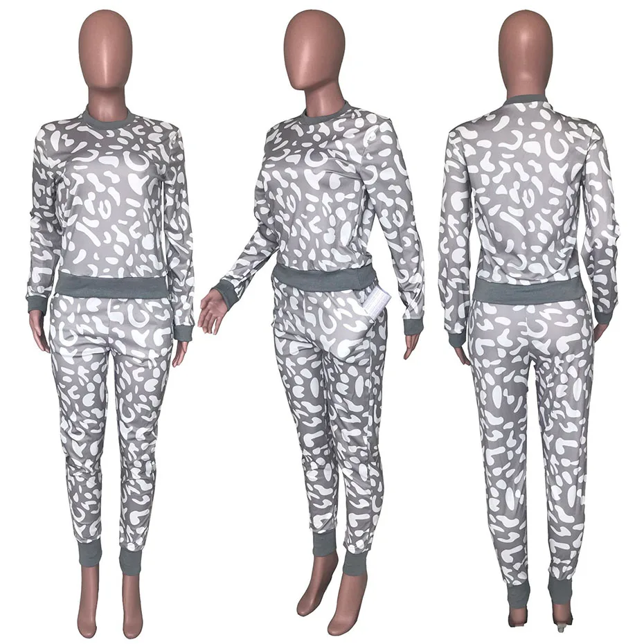 

HAOYUAN Fleck Print Two Piece Set Tracksuit Women Fall Clothing Long Sleeve Top+Pant Sweat Suit 2 Piece Outfits Matching Sets