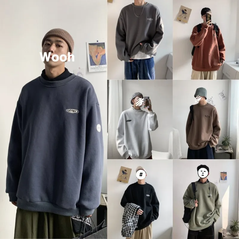 

Spring and Autumn Brushed Hoody Men's Fashionable Ins Loose Clothes Hong Kong Style Round Neck Couple's Top Outwear