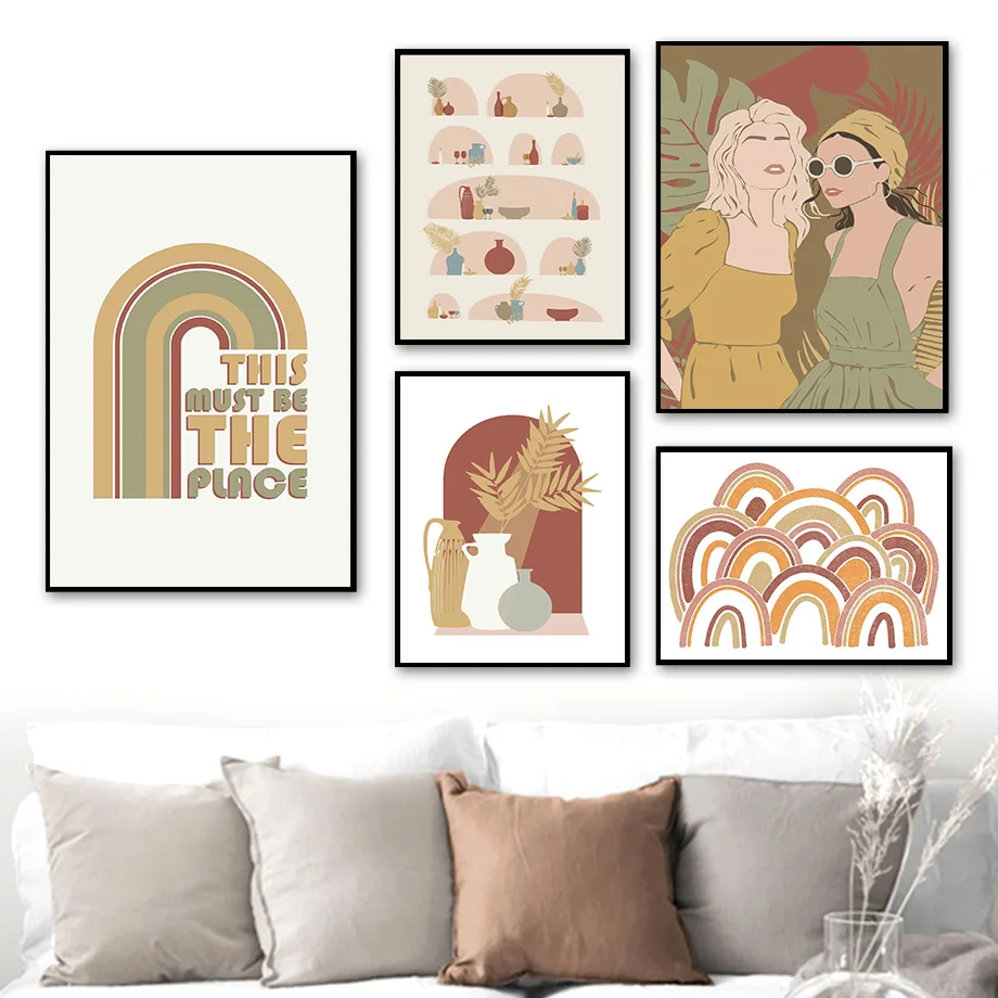 

Boho Rainbow Bowl Vase Girl Monstera leaf Wall Art Canvas Painting Nordic Posters And Prints Wall Pictures For Living Room Decor