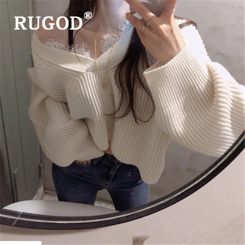RUGOD 2019 Korean Style V-neck Sweater Women Solid Long Sleeve Loose Knitted Sweaters Pullovers Casual Lady Pull Femme Hiver | Женская