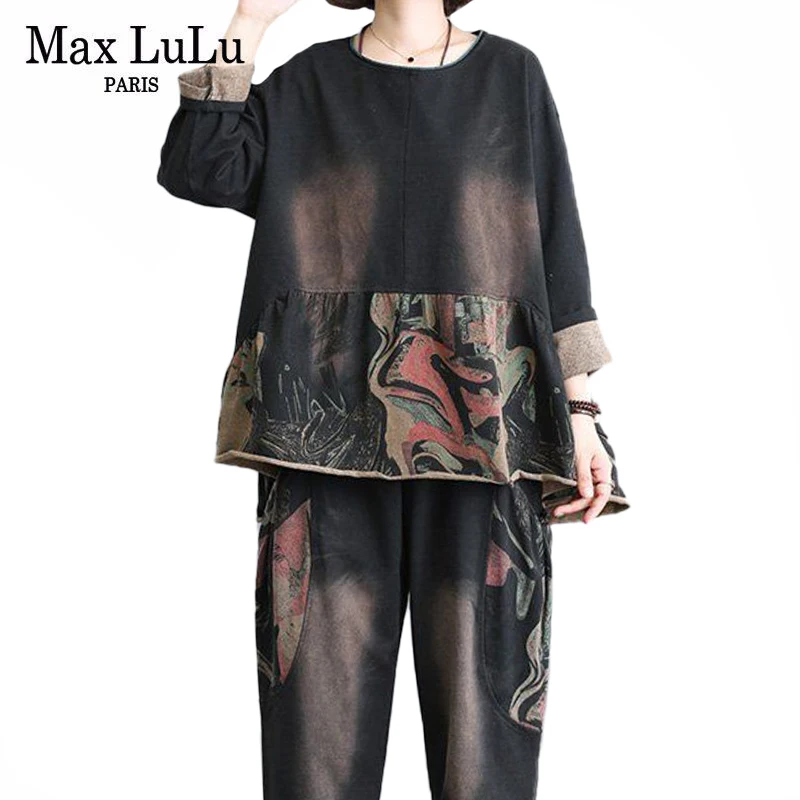 

Max LuLu Chinese New Fashion Style Spring Women Vintage Printed Two Pieces Sets Ladies O-Neck Loose Tops And Elastic Harem Pants