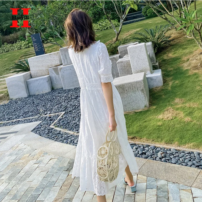 

Ruffles Mid-Calf Dresses Female Sweet A-Line Dress Summer Women Clothes Solid Color V-Neck White Dress Ladies Vestidos