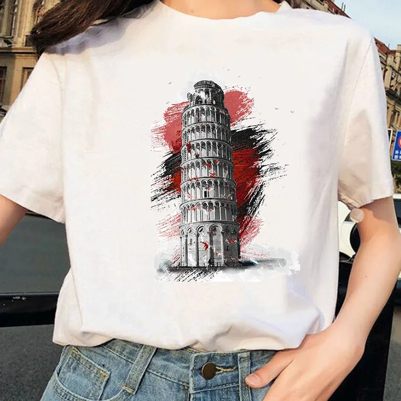 

T-shirts Women 90s Clothing Casual Ladies the Leaning Tower of Pisa Print Travel Fashion Tshirt Top Female Tee T-Shirt