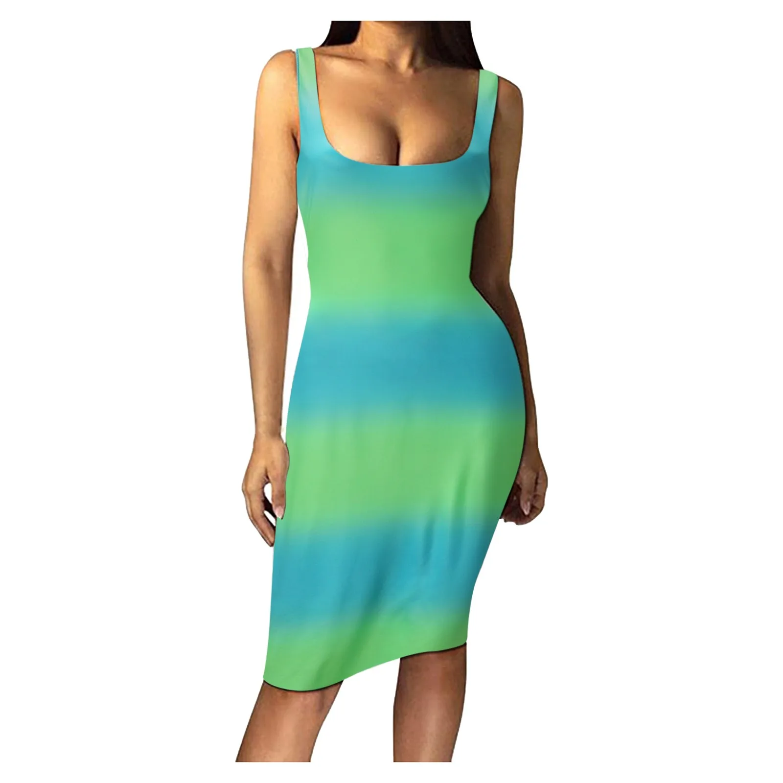 

Gradient Tight-fitting Hip Dresses Women Stripe Sleeveless Dress High Waist Vest Tank Long Skirt Club Party Skirts Платье A50