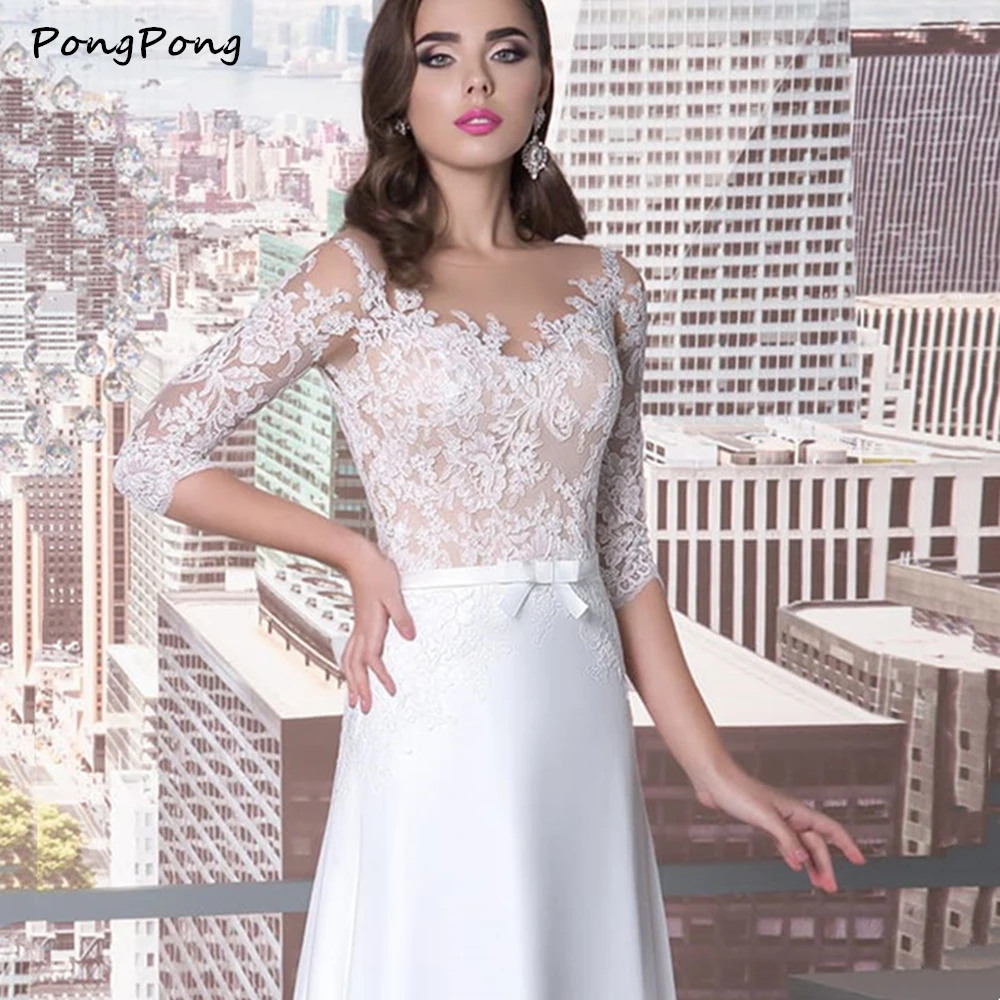 

Boho Elegant A-Line Wedding Dress Half Sleeve Sweep Train V-Neck Lace Appliques Button Hot Sale Bride Gown Belt Bow Custom Made
