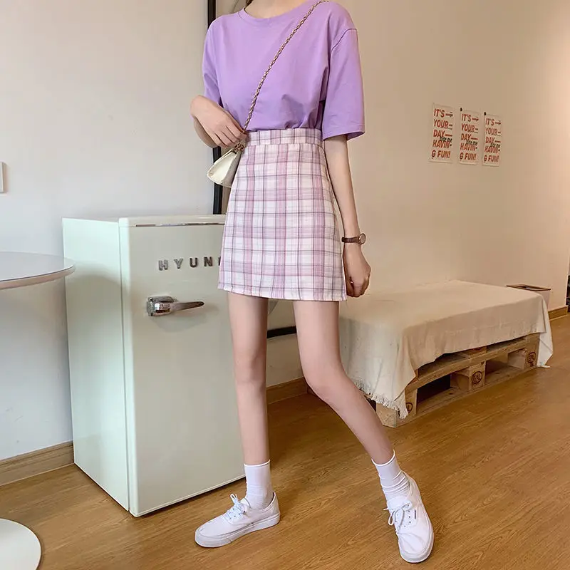 

Gentle Wind Purple Plaid Skirt Female 2021 Summer Girl High Waist Thin A-line Bag Hip Skirt