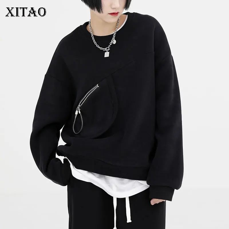 

XITAO Лоскутная толстовка на молнии с украшением черный свободный Модный пуловер женский универсальный топ 2022 Весна Осень новинка GWJ2627