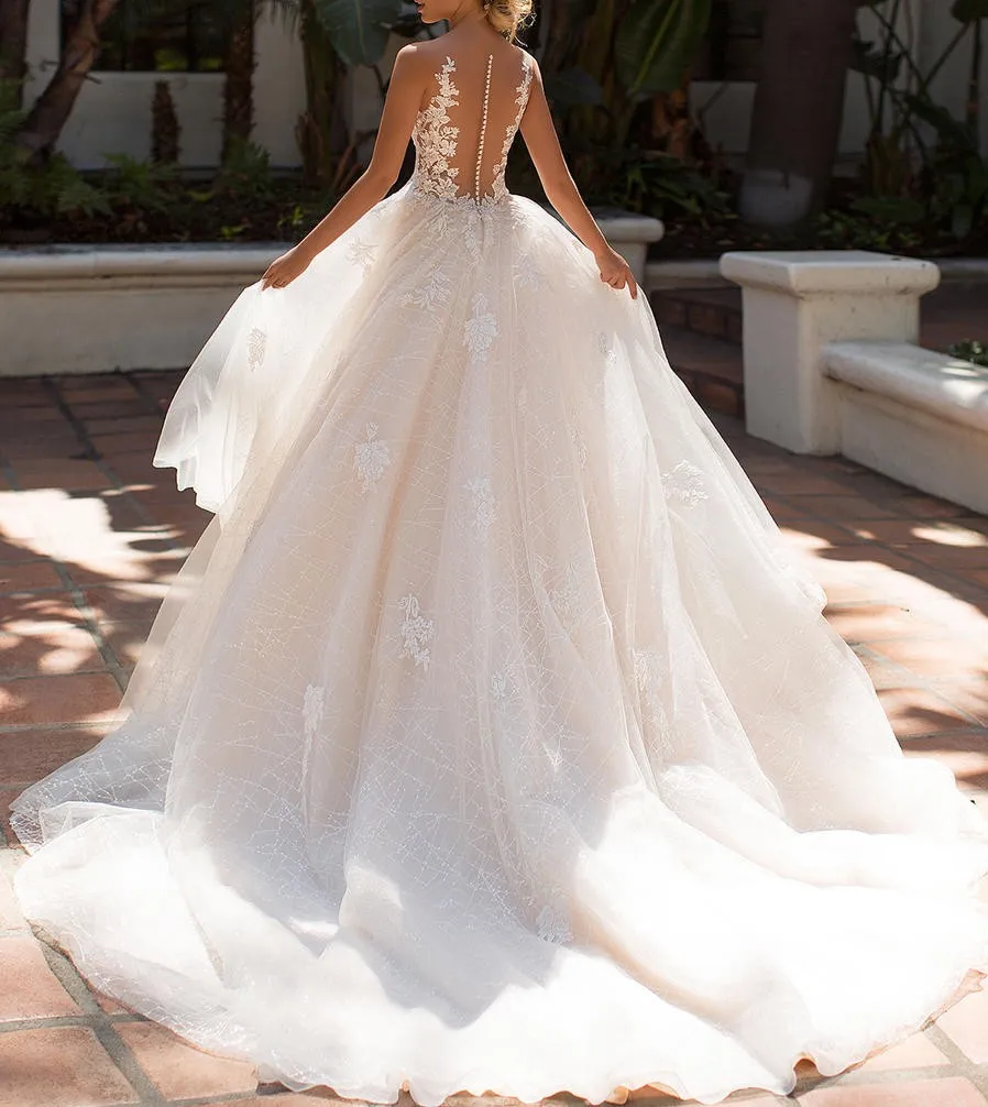 

Sparkly Shinning Bling Tulle Ball Gown Wedding Dress With Lace Appliques V Neck Vestidos De Novia 2020 Sleeves Eleagant Turkey