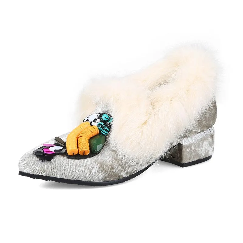 Woman's gold velvet face cartoon decorative pointed head with single heel shoes | Обувь