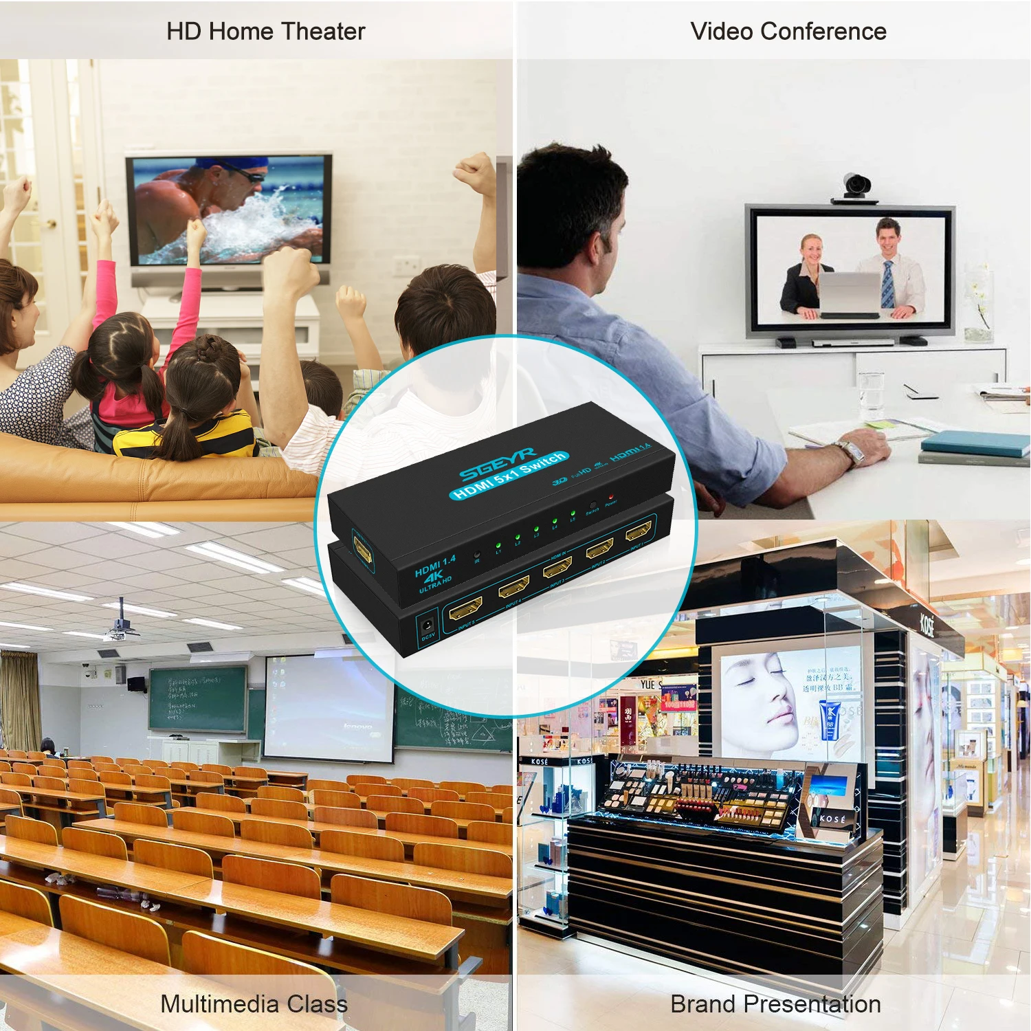 4K 5 Port HDMI Switch SGEYR 5x1 Switcher in 1 Out Selector Box with IR Remote Support 1.4 HDCP | Электроника