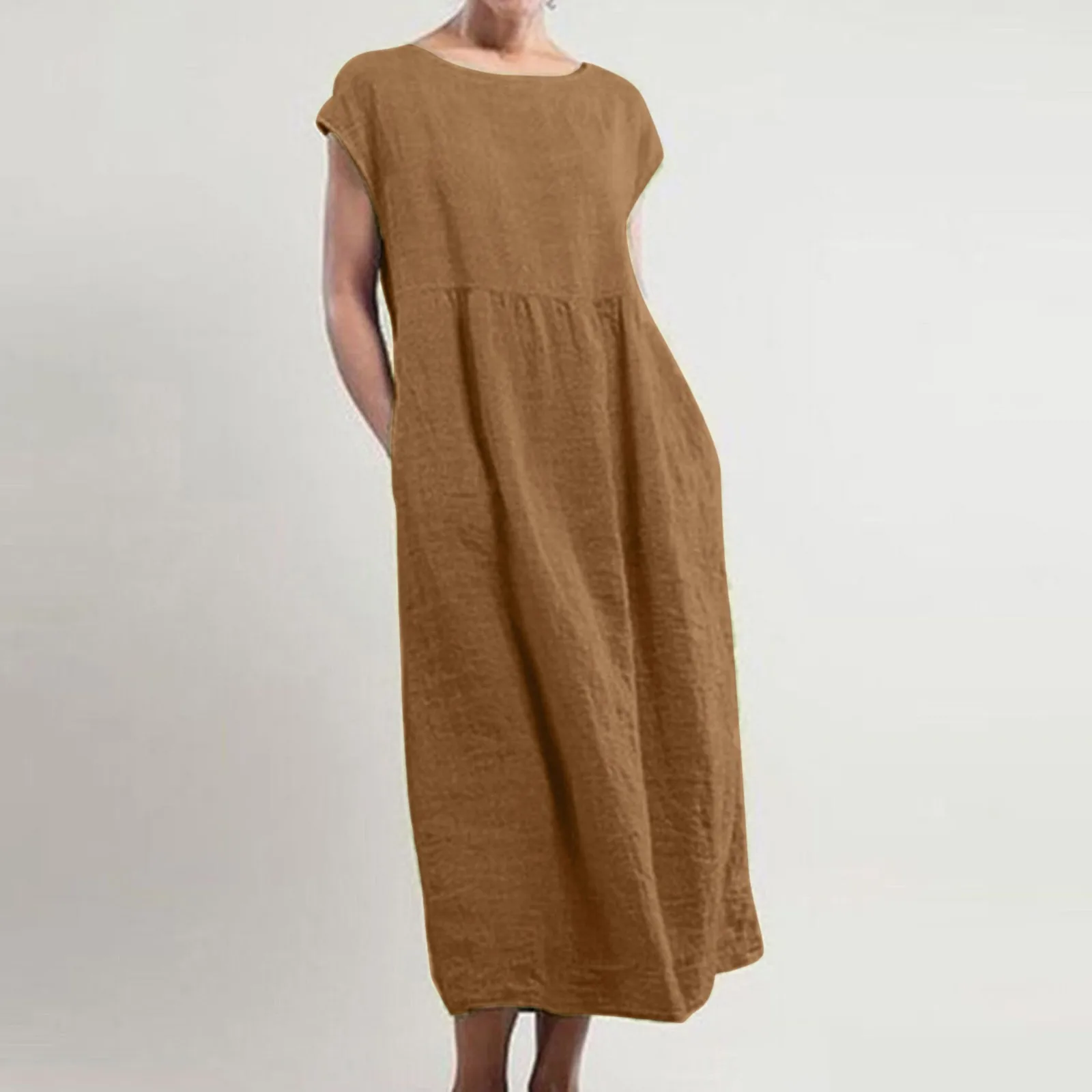 

Women's Long Dress Women Loose Casual Solid Color Cotton And Hemp Fashion Maxi Dress Pocket O-Neck Dresses Vestidos Robe