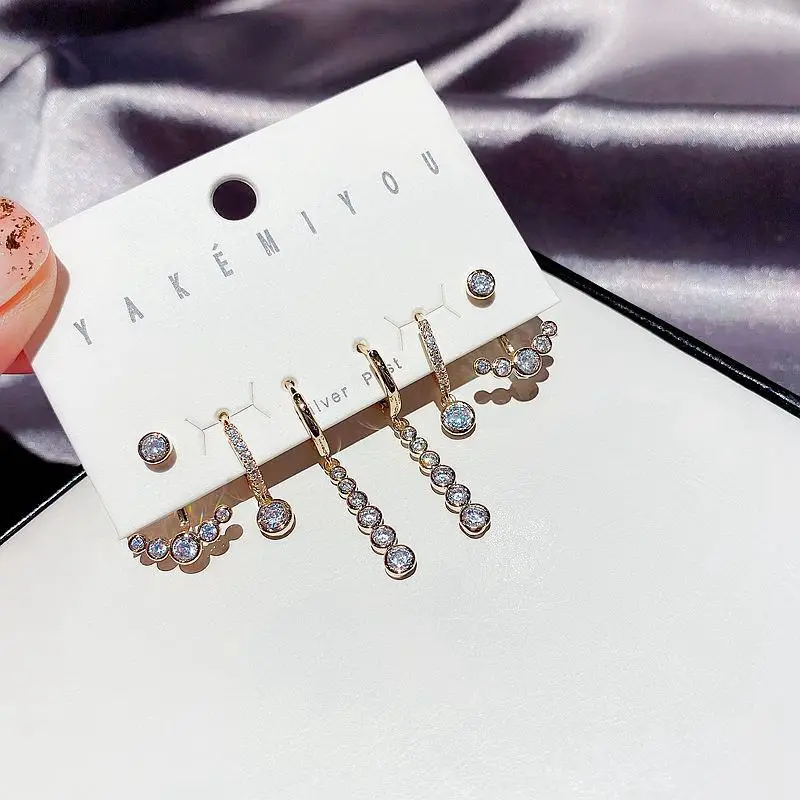 

High quality earring 6pcs/set Inlaid zircon Gold color Water droplets studs earrings Chains hoop earrings fashion jewelry women